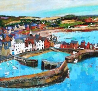 Stonehaven Harbour is depicted in a colorful painting, showing rows of houses by the harbour, boats on bright blue water, green hills, and a sandy beach, creating a lively and picturesque scene.