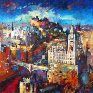 Festival City is a vibrant, expressive painting depicting a historic castle on a hill, clock tower, bridges, and lively abstract details beneath a dramatic sky in an impressionistic style.