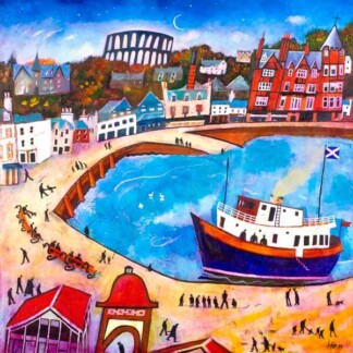 A colorful, whimsical painting inspired by Around and About Oban, featuring a Scottish coastal town with red-roofed buildings, people strolling, a large boat at the dock, and an arched viaduct under a crescent moon and starry sky.