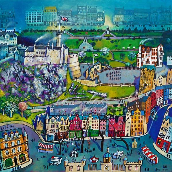 Brand New Day" is a colorful, whimsical painting of Edinburgh, featuring the castle atop a rocky hill, green parklands, historic buildings, and a lively street market—capturing the city’s vibrant spirit.