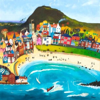 The painting "Day Out, North Berwick" features vibrant houses, a sandy beach curving around the bay, sailing boats, strolling people, and a green hill beneath a bright blue sky, capturing the charm of this coastal town.