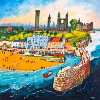 Colorful painting titled "The Pier Walk, St Andrews" features a coastal town with a sandy beach, people strolling, boats on blue water, and historic stone ruins and towers on green hills beneath a bright sky.