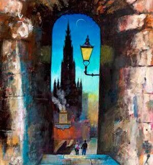 The painting "Close Encounter" depicts a stone archway marked Advocates Close, framing a spire at twilight, as two figures meet beneath a streetlamp along the cobblestone path.