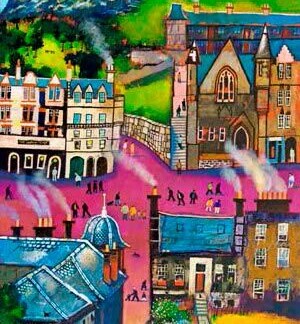 The Blossom Tree" is a colorful, whimsical painting featuring a lively town with vibrant buildings, lush greenery, people walking, and the signature Blossom Tree near a grand castle beneath a vivid blue sky and crescent moon.