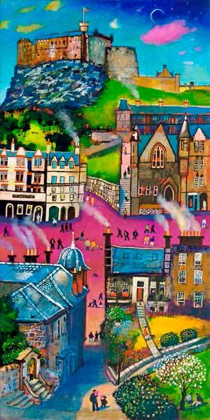 The Blossom Tree" is a colorful, whimsical painting featuring a lively town with vibrant buildings, lush greenery, people walking, and the signature Blossom Tree near a grand castle beneath a vivid blue sky and crescent moon.