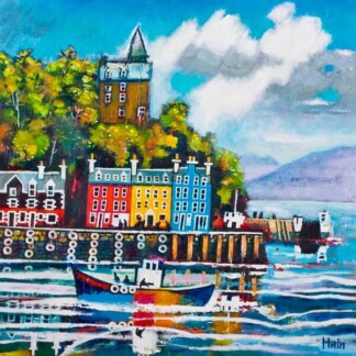 Arriving Tobermory depicts a vibrant seaside village with red, blue, and yellow buildings, a castle-like hilltop structure, boats in the water, lush greenery, and a bright sky with clouds.