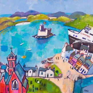 Castlebay Barra is a colorful, whimsical painting of the village featuring a church, bright houses, the ferry CLANSMAN, sailboats, and a castle on an island in a blue bay with lush green hills.