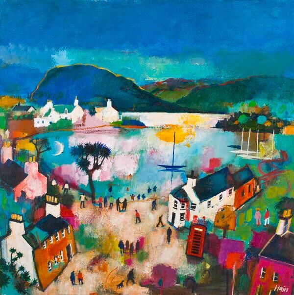 Inspired by “Evening Reflections, Plockton,” this colorful painting captures a lively seaside village with boats on the water, people strolling, a red phone box, and hills under a bright blue sky—full of life and charm.
