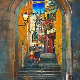 Halfway Home is a painting of two people ascending stone steps under an arched doorway on a historic yellow-brick street, with hanging signs and flowers, warmly lit to evoke the cozy, inviting feeling of being halfway home.