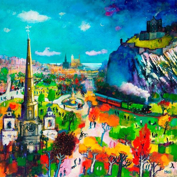 Meet Me by the Fountain" is a colorful painting depicting a lively city park with people, autumn trees, a vibrant blue sky, a church with a tall steeple in the foreground, and a train passing under a hilltop castle.