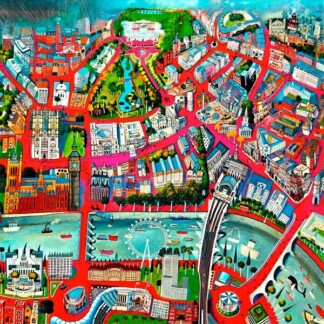 London in the Pink" is a vibrant illustrated map of central London featuring famous landmarks, parks, lively streets, and the River Thames in a colorful, whimsical style.