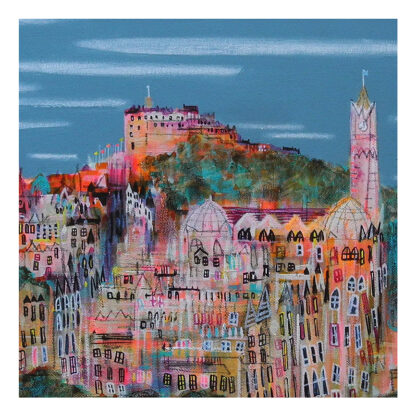 A colorful, abstract painting depicting a vibrant, stylized cityscape with prominent buildings under a blue sky. By Nikki Monaghan