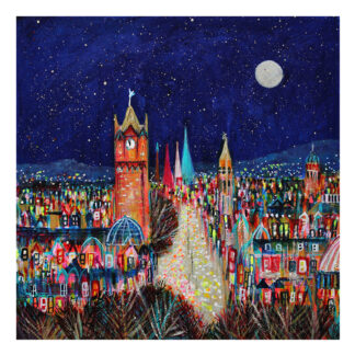A colorful, vibrant painting depicting a night scene with an illuminated street leading to a clock tower under a starry sky with a moon. By Nikki Monaghan