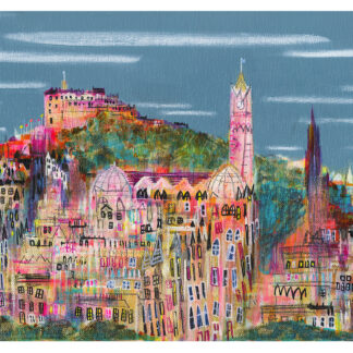 A colorful, whimsical illustration of a bustling cityscape with varied architecture and a prominent castle on a hill under a cloudy sky. By Nikki Monaghan