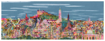 A colorful, whimsical illustration of a bustling cityscape with varied architecture and a prominent castle on a hill under a cloudy sky. By Nikki Monaghan