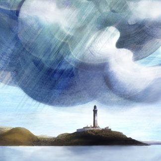 A lighthouse stands on a small island under a sky with abstract blue brushstrokes. By Esther Cohen