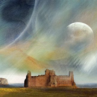 A surreal landscape featuring a dilapidated castle, a large moon, and dynamic celestial patterns in the sky. By Esther Cohen