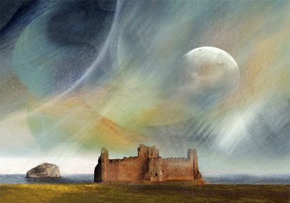 A surreal landscape featuring a dilapidated castle, a large moon, and dynamic celestial patterns in the sky. By Esther Cohen