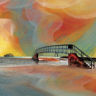 An artistic rendering of a bridge over water with a colorful, abstract sky and textures overlaying the scene. By Esther Cohen