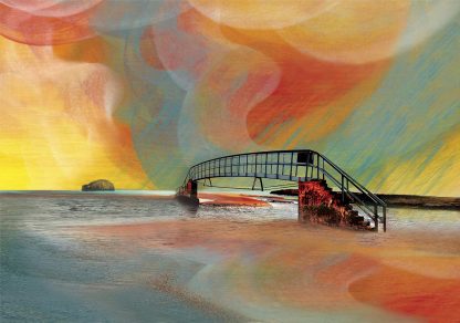 An artistic rendering of a bridge over water with a colorful, abstract sky and textures overlaying the scene. By Esther Cohen