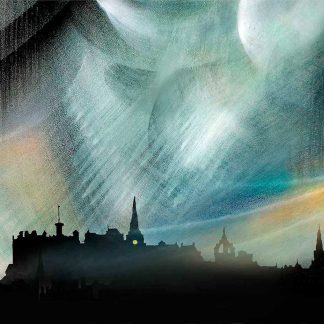 A dramatic and ethereal depiction of a city skyline with swirling, textured skies in varying shades of blue and green. By Esther Cohen