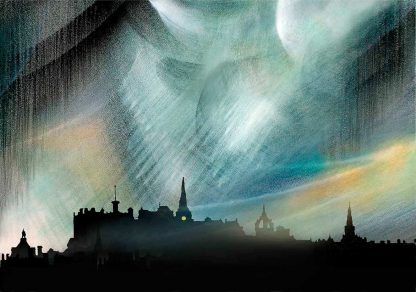 A dramatic and ethereal depiction of a city skyline with swirling, textured skies in varying shades of blue and green. By Esther Cohen