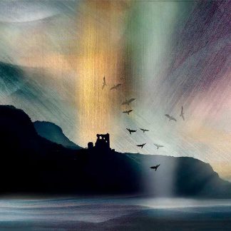 A dreamlike painting depicting a castle silhouette, birds in flight, and a surreal, colorful atmospheric effect over a mountainous landscape. By Esther Cohen