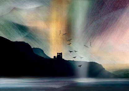 A dreamlike painting depicting a castle silhouette, birds in flight, and a surreal, colorful atmospheric effect over a mountainous landscape. By Esther Cohen