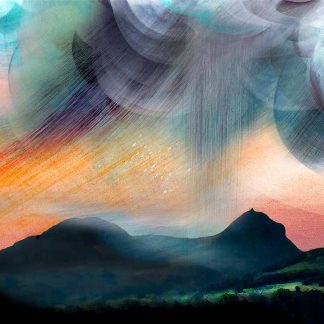 An abstract colorful painting depicting two silhouetted mountains under a dynamic, textured sky. By Esther Cohen