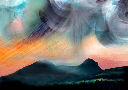 An abstract colorful painting depicting two silhouetted mountains under a dynamic, textured sky. By Esther Cohen