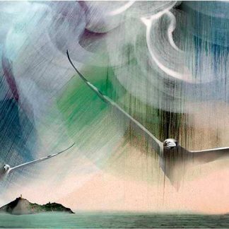 This is an abstract art piece featuring a bridge and seagulls with a blend of various colors and brushstrokes. By Esther Cohen