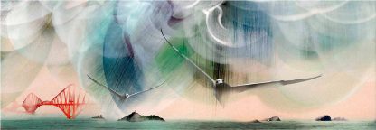 This is an abstract art piece featuring a bridge and seagulls with a blend of various colors and brushstrokes. By Esther Cohen