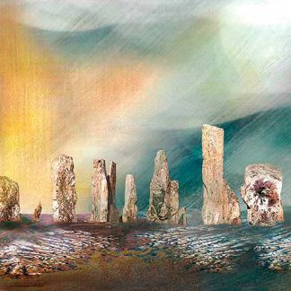 Abstract artistic representation of standing stones or monoliths in a dynamic, brushstroke-heavy environment, suggesting motion or weather effects. By Esther Cohen