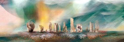 Abstract artistic representation of standing stones or monoliths in a dynamic, brushstroke-heavy environment, suggesting motion or weather effects. By Esther Cohen