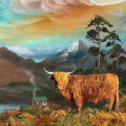 A Highland cow stands in a surreal landscape with a mountain, a cottage, and a colorful, painterly sky. By Esther Cohen