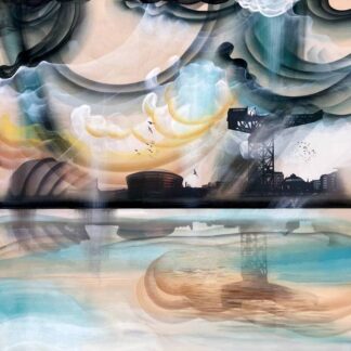Abstract artistic mural with industrial silhouette, vibrant colors, and reflection on water surface. By Esther Cohen