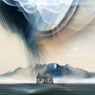 A surreal artistic image featuring a small house against a backdrop of mountains, clouds, and abstract elements blending with a painterly texture. By Esther Cohen