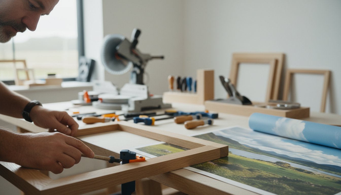 A person carefully assembles a wooden picture frame on a workbench, surrounded by tools and landscape prints in a well-lit, modern workspace.