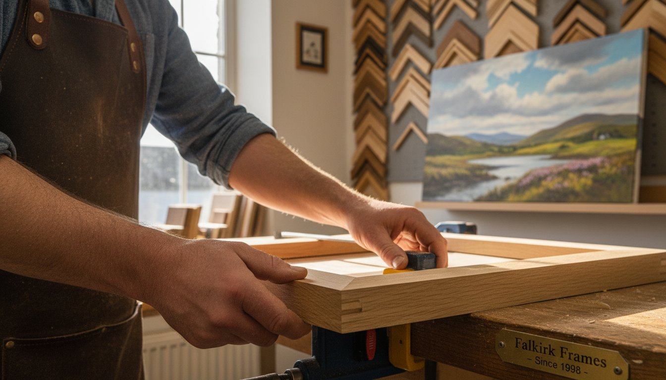 A person in an apron measures a wooden picture frame in a sunlit workshop, with frame samples on the wall and a painting of a landscape in the background. The nameplate reads Falkirk Frames Since 1998.