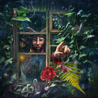 In "The Faun's Daughter," a melancholy figure with animal horns gazes out a rain-speckled window at a rose, ferns, owl, red bird, and pink rodent among lush green leaves, evoking a whimsical and surreal forest scene.