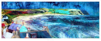The image displays a colorful, abstract painting of a coastal village with waves crashing onto the shore. By Fiona Mathieson