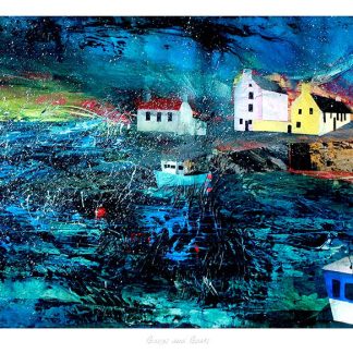 Colorful abstract painting depicting a seascape with houses and boats using vibrant and textured brushstrokes. By Fiona Mathieson