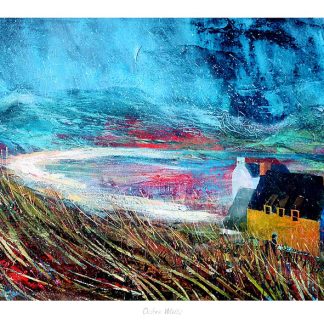 An abstract landscape painting featuring colorful houses by a body of water with textured brushstrokes and a vibrant palette. By Fiona Mathieson