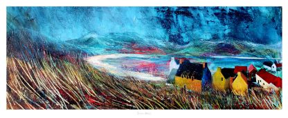 An abstract landscape painting featuring colorful houses by a body of water with textured brushstrokes and a vibrant palette. By Fiona Mathieson