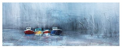 Three colorful boats on a textured blue and white abstract background, possibly depicting water and ice. By Fiona Mathieson
