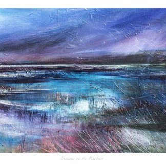 An abstract painting featuring a blend of blue and purple hues with dynamic brush strokes suggesting a stormy landscape or seascape. By Fiona Mathieson
