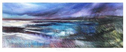 An abstract painting featuring a blend of blue and purple hues with dynamic brush strokes suggesting a stormy landscape or seascape. By Fiona Mathieson