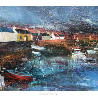 The image is a colorful and textured painting depicting a coastal scene with houses and boats under a dynamic, possibly stormy sky. By Fiona Mathieson