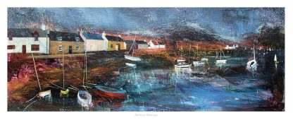 The image is a colorful and textured painting depicting a coastal scene with houses and boats under a dynamic, possibly stormy sky. By Fiona Mathieson