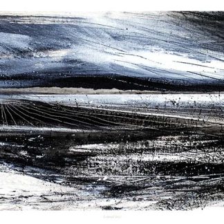 An abstract black and white painting with dynamic brush strokes and contrasting light and dark areas suggesting a tumultuous landscape. By Fiona Mathieson